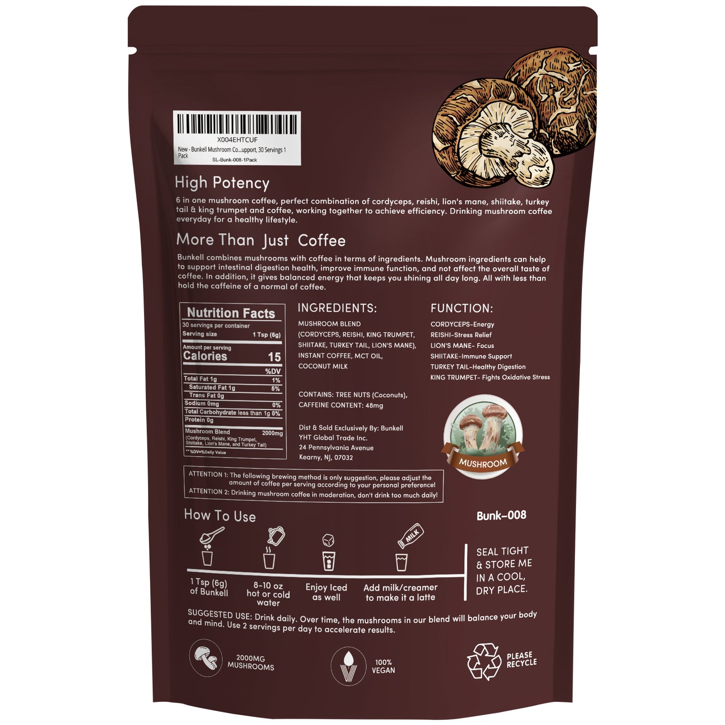 Bunkell 6 Mushroom Coffee Blend – Lion’s Mane & Reishi | 30 Servings