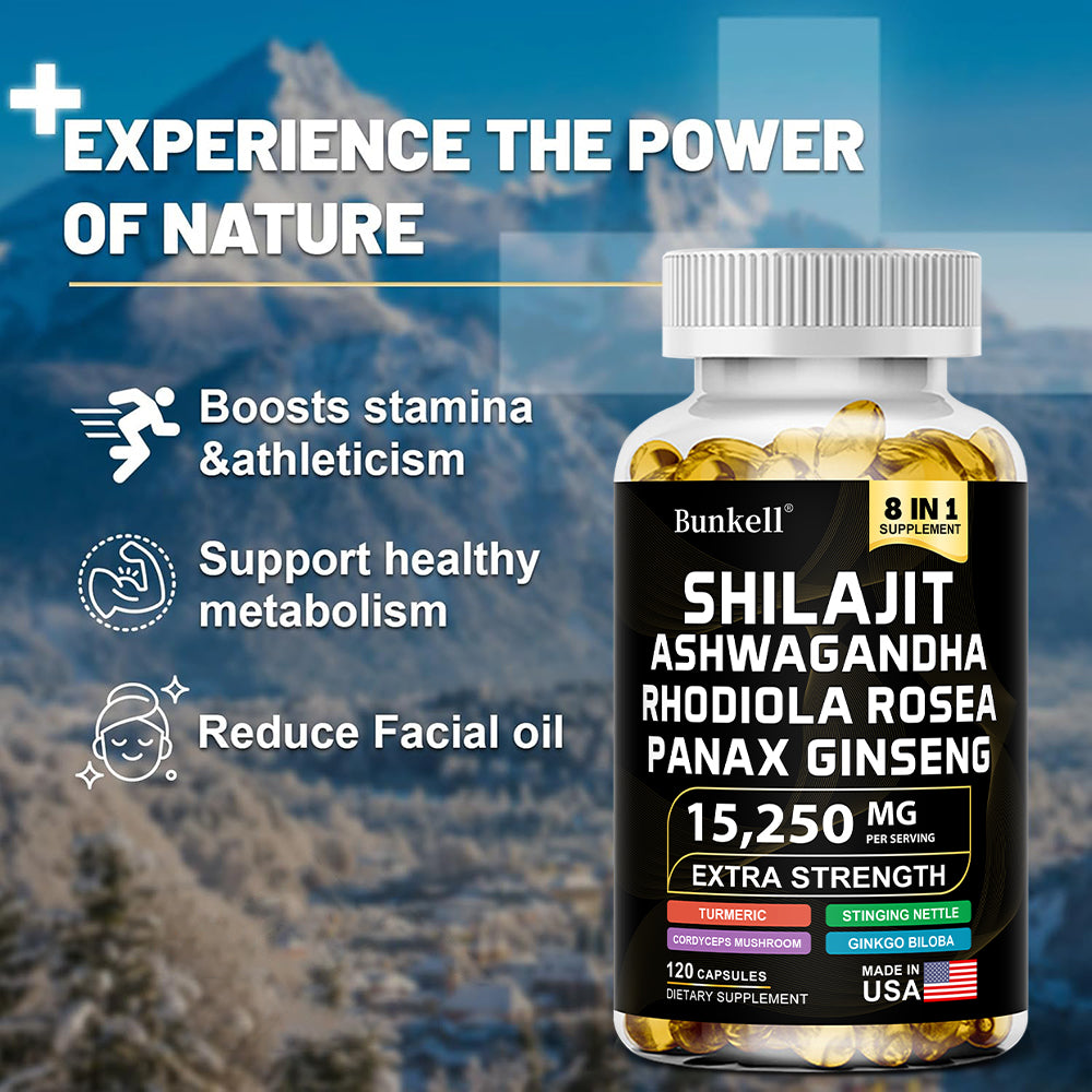 Bunkell® Shilajit Ashwagandha Complex – 15,250mg 8-in-1 Herbal Blend with Rhodiola, Panax Ginseng & Ginkgo Biloba | 30 / 60 / 120 Capsules