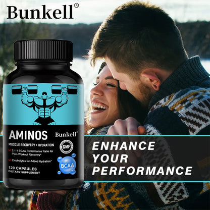 Bunkell® Amino BCAA – 2:1:1 BCAA Amino Acids with Electrolytes for Muscle Recovery & Hydration | 30 / 60 / 120 Capsules