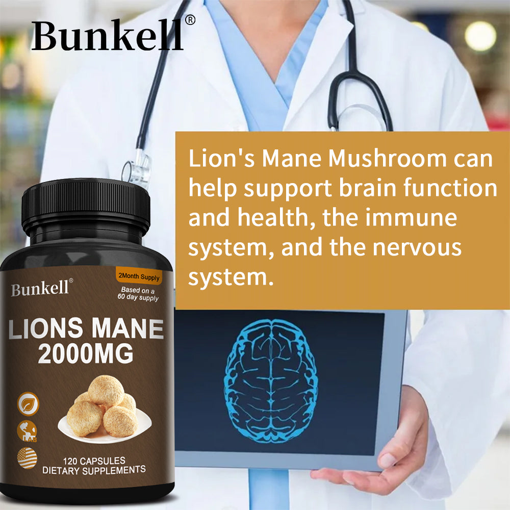 Bunkell® Organic Lion's Mane Mushroom Extract 2000mg with BioPerine – Nootropic Brain & Focus Support Supplement (120 Capsules / 2-Month Supply)