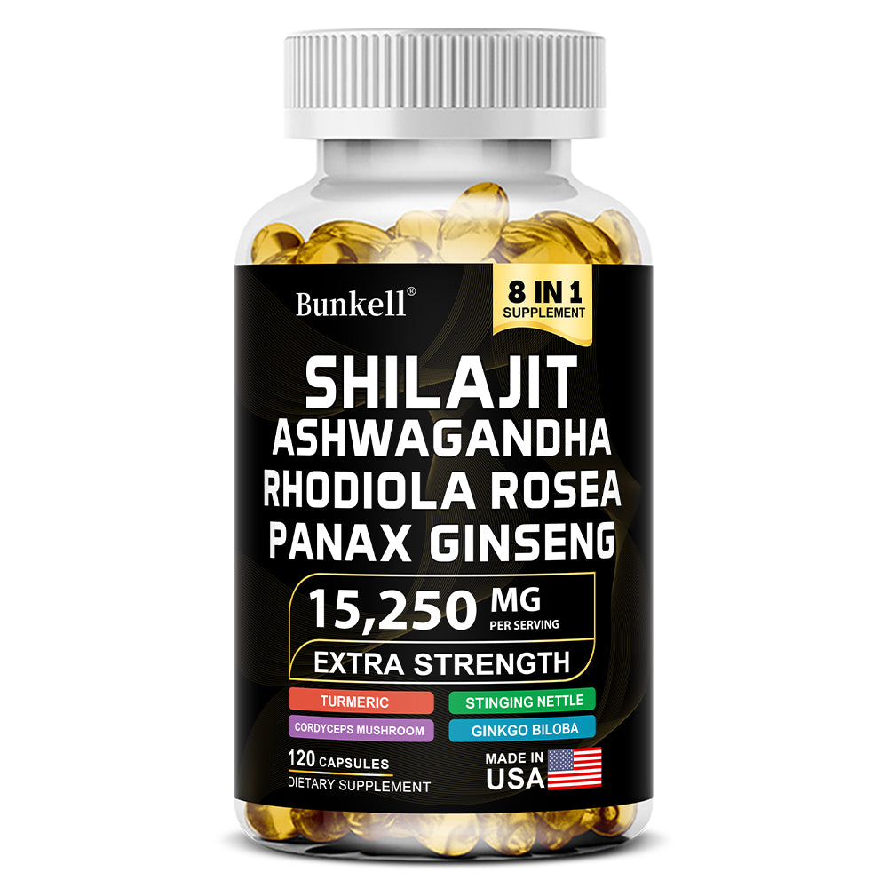 Bunkell® Shilajit Ashwagandha Complex – 15,250mg 8-in-1 Herbal Blend with Rhodiola, Panax Ginseng & Ginkgo Biloba | 30 / 60 / 120 Capsules
