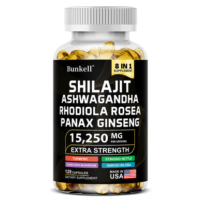 Bunkell® Shilajit Ashwagandha Complex – 15,250mg 8-in-1 Herbal Blend with Rhodiola, Panax Ginseng & Ginkgo Biloba | 30 / 60 / 120 Capsules