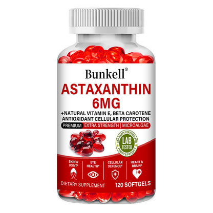 Bunkell® Astaxanthin 6mg – Natural Astaxanthin with Vitamin E & Beta Carotene for Antioxidant Support | 30 / 60 / 120 Softgels