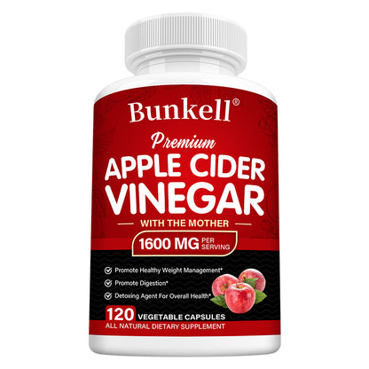 Bunkell® Premium Apple Cider Vinegar with the Mother 1600 mg – Digestive & Wellness Support | 30/60/120 Capsules