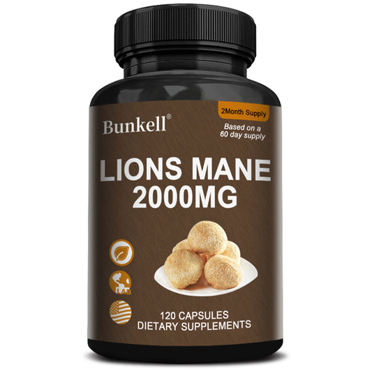 Bunkell® Organic Lion's Mane Mushroom Extract 2000mg with BioPerine – Nootropic Brain & Focus Support Supplement (120 Capsules / 2-Month Supply)
