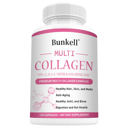 Bunkell® Multi Collagen – Types I, II, III, V, X with Biotin & Hyaluronic Acid | 30/60/120 Capsules