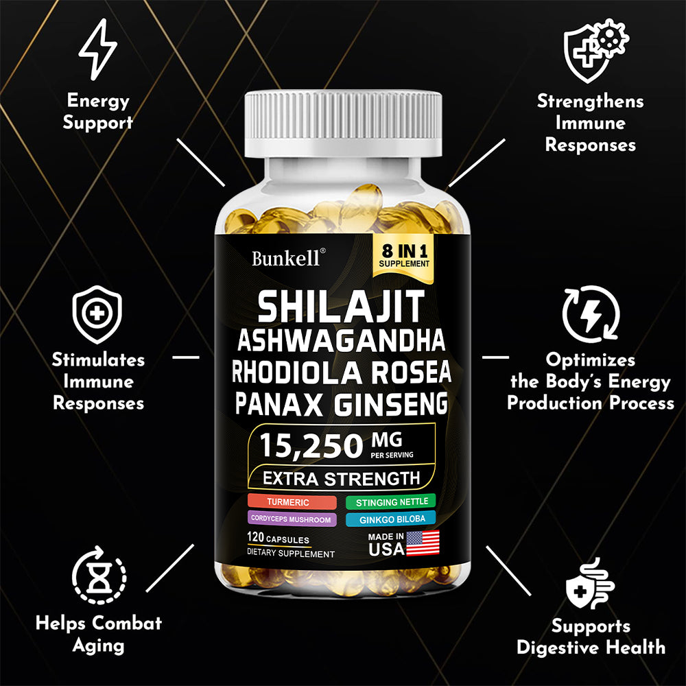Bunkell® Shilajit Ashwagandha Complex – 15,250mg 8-in-1 Herbal Blend with Rhodiola, Panax Ginseng & Ginkgo Biloba | 30 / 60 / 120 Capsules