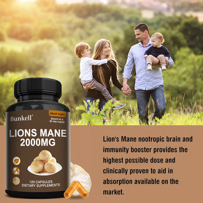 Bunkell® Organic Lion's Mane Mushroom Extract 2000mg with BioPerine – Nootropic Brain & Focus Support Supplement (120 Capsules / 2-Month Supply)