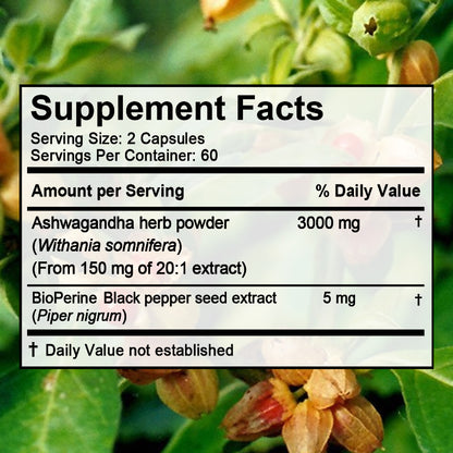 Bunkell® Ashwagandha Extra Strength 3000 mg – Stress & Mood Support | 30/60/120 Capsules
