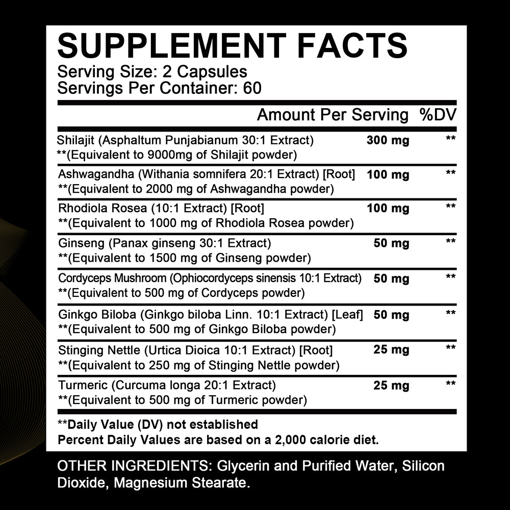 Bunkell® Shilajit Ashwagandha Complex – 15,250mg 8-in-1 Herbal Blend with Rhodiola, Panax Ginseng & Ginkgo Biloba | 30 / 60 / 120 Capsules