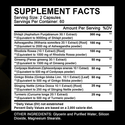 Bunkell® Shilajit Ashwagandha Complex – 15,250mg 8-in-1 Herbal Blend with Rhodiola, Panax Ginseng & Ginkgo Biloba | 30 / 60 / 120 Capsules