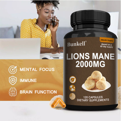 Bunkell® Organic Lion's Mane Mushroom Extract 2000mg with BioPerine – Nootropic Brain & Focus Support Supplement (120 Capsules / 2-Month Supply)