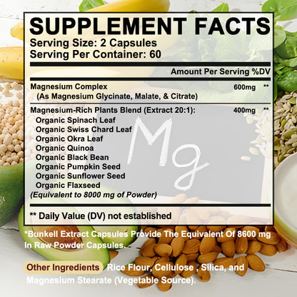Bunkell® Magnesium Glycinate Malate Citrate – Triple Complex Dietary Supplement | 30/60/120 Capsules