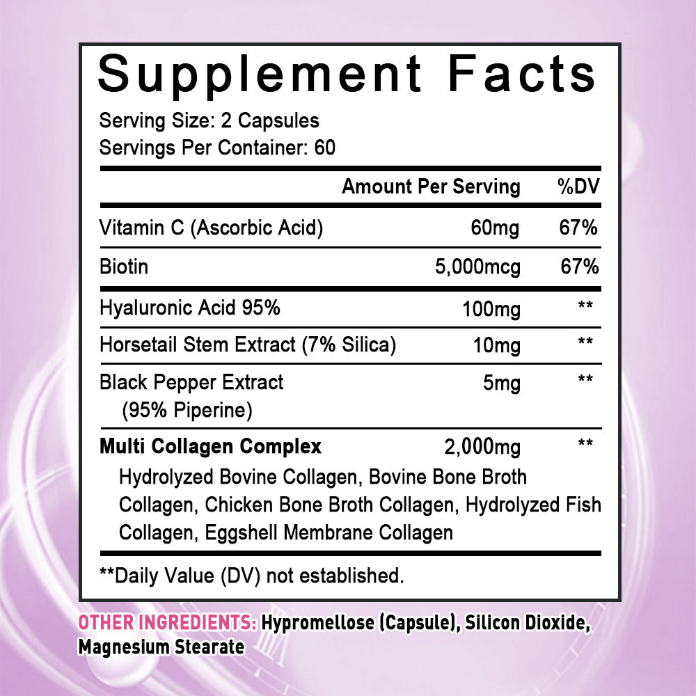 Bunkell® Multi Collagen – Types I, II, III, V, X with Biotin & Hyaluronic Acid | 30/60/120 Capsules