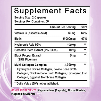 Bunkell® Multi Collagen – Types I, II, III, V, X with Biotin & Hyaluronic Acid | 30/60/120 Capsules