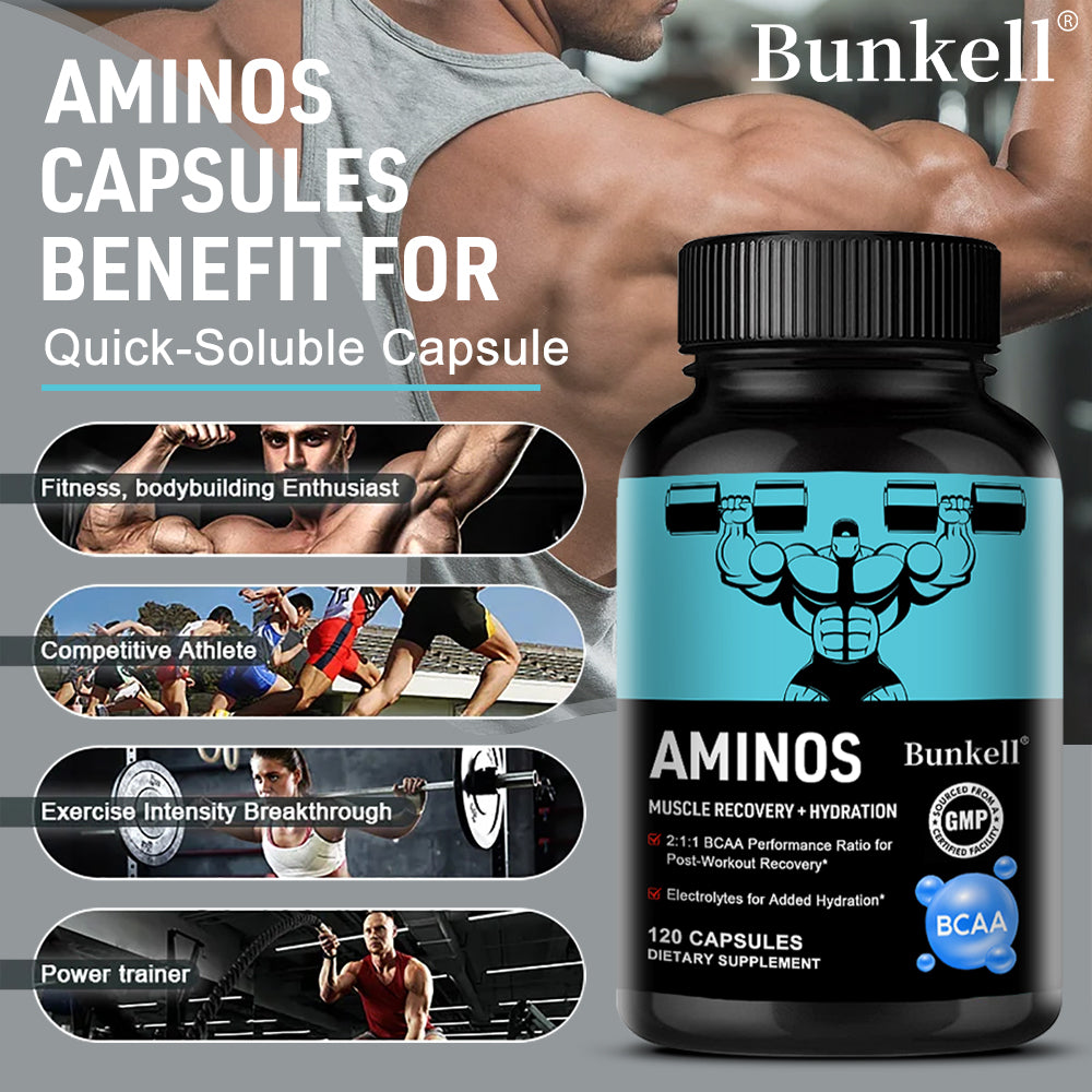 Bunkell® Amino BCAA – 2:1:1 BCAA Amino Acids with Electrolytes for Muscle Recovery & Hydration | 30 / 60 / 120 Capsules