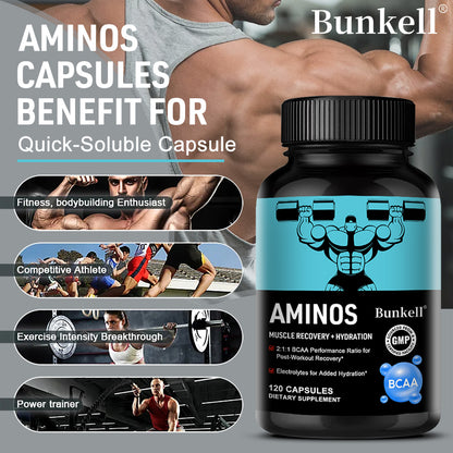 Bunkell® Amino BCAA – 2:1:1 BCAA Amino Acids with Electrolytes for Muscle Recovery & Hydration | 30 / 60 / 120 Capsules