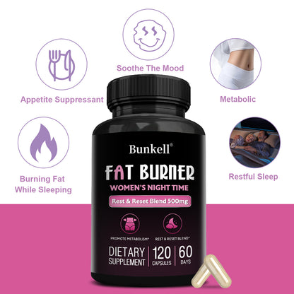 Bunkell® Fat Burner Women’s Night Time – Rest & Reset Blend 500mg for Metabolism & Nighttime Wellness | 30 / 60 / 120 Capsules