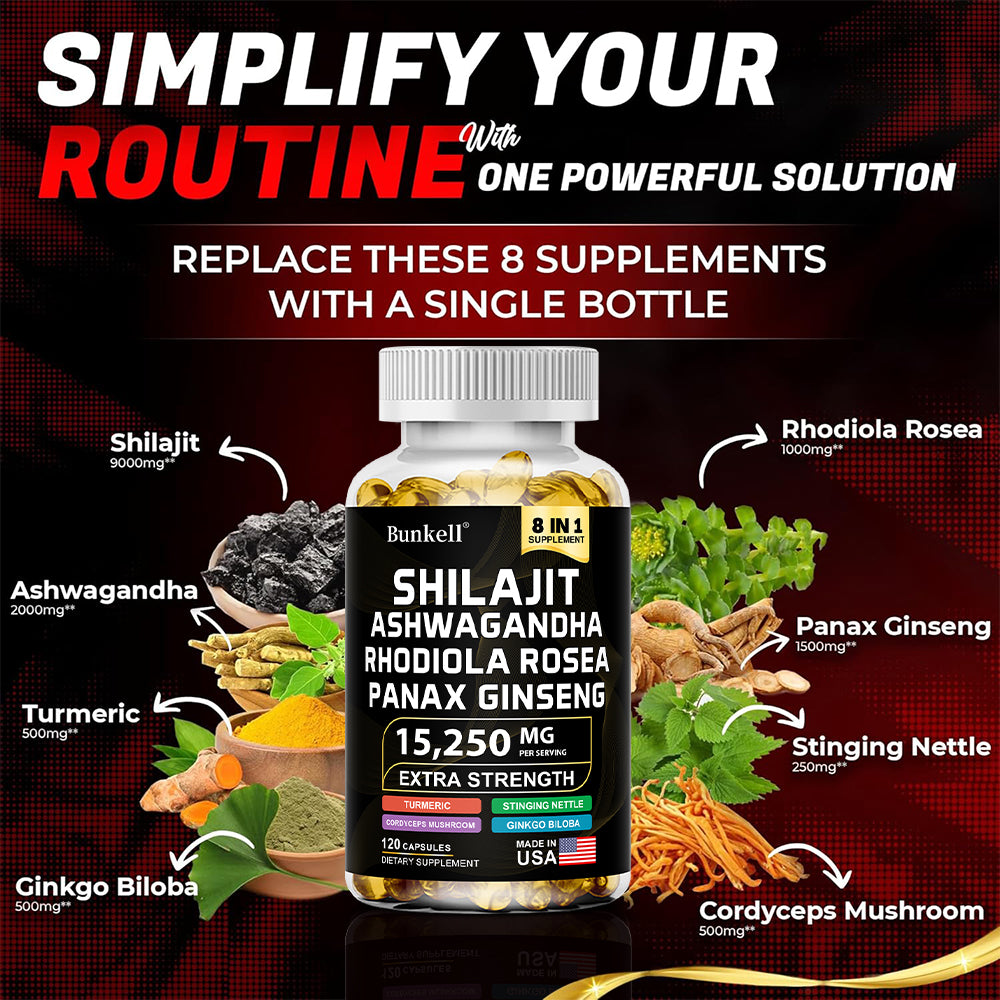 Bunkell® Shilajit Ashwagandha Complex – 15,250mg 8-in-1 Herbal Blend with Rhodiola, Panax Ginseng & Ginkgo Biloba | 30 / 60 / 120 Capsules