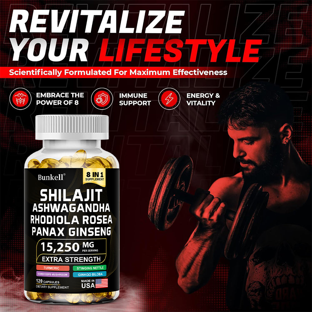 Bunkell® Shilajit Ashwagandha Complex – 15,250mg 8-in-1 Herbal Blend with Rhodiola, Panax Ginseng & Ginkgo Biloba | 30 / 60 / 120 Capsules
