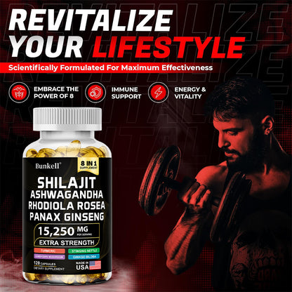 Bunkell® Shilajit Ashwagandha Complex – 15,250mg 8-in-1 Herbal Blend with Rhodiola, Panax Ginseng & Ginkgo Biloba | 30 / 60 / 120 Capsules