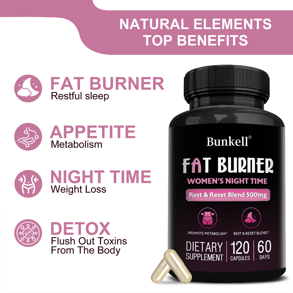 Bunkell® Fat Burner Women’s Night Time – Rest & Reset Blend 500mg for Metabolism & Nighttime Wellness | 30 / 60 / 120 Capsules
