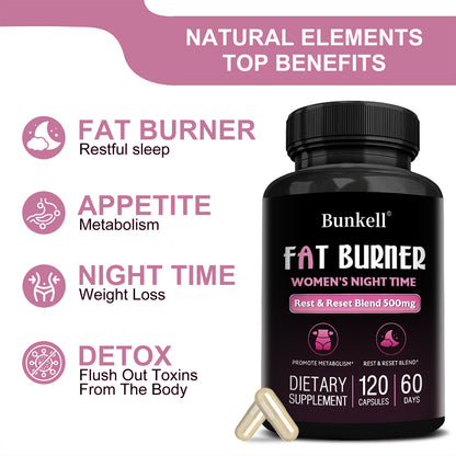 Bunkell® Fat Burner Women’s Night Time – Rest & Reset Blend 500mg for Metabolism & Nighttime Wellness | 30 / 60 / 120 Capsules
