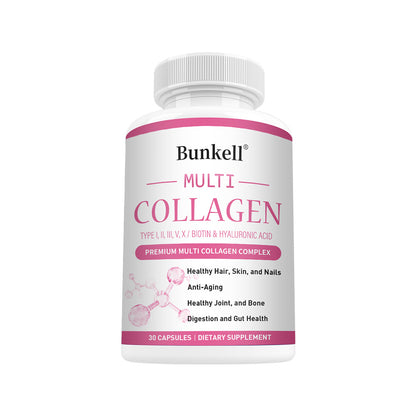 Bunkell® Multi Collagen – Types I, II, III, V, X with Biotin & Hyaluronic Acid | 30/60/120 Capsules