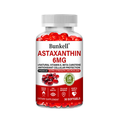 Bunkell® Astaxanthin 6mg – Natural Astaxanthin with Vitamin E & Beta Carotene for Antioxidant Support | 30 / 60 / 120 Softgels