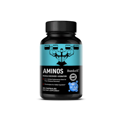Bunkell® Amino BCAA – 2:1:1 BCAA Amino Acids with Electrolytes for Muscle Recovery & Hydration | 30 / 60 / 120 Capsules