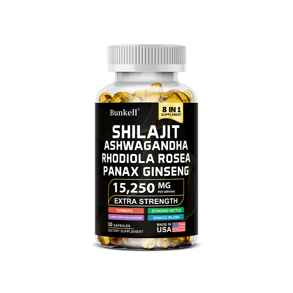 Bunkell® Shilajit Ashwagandha Complex – 15,250mg 8-in-1 Herbal Blend with Rhodiola, Panax Ginseng & Ginkgo Biloba | 30 / 60 / 120 Capsules