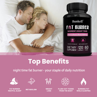 Bunkell® Fat Burner Women’s Night Time – Rest & Reset Blend 500mg for Metabolism & Nighttime Wellness | 30 / 60 / 120 Capsules