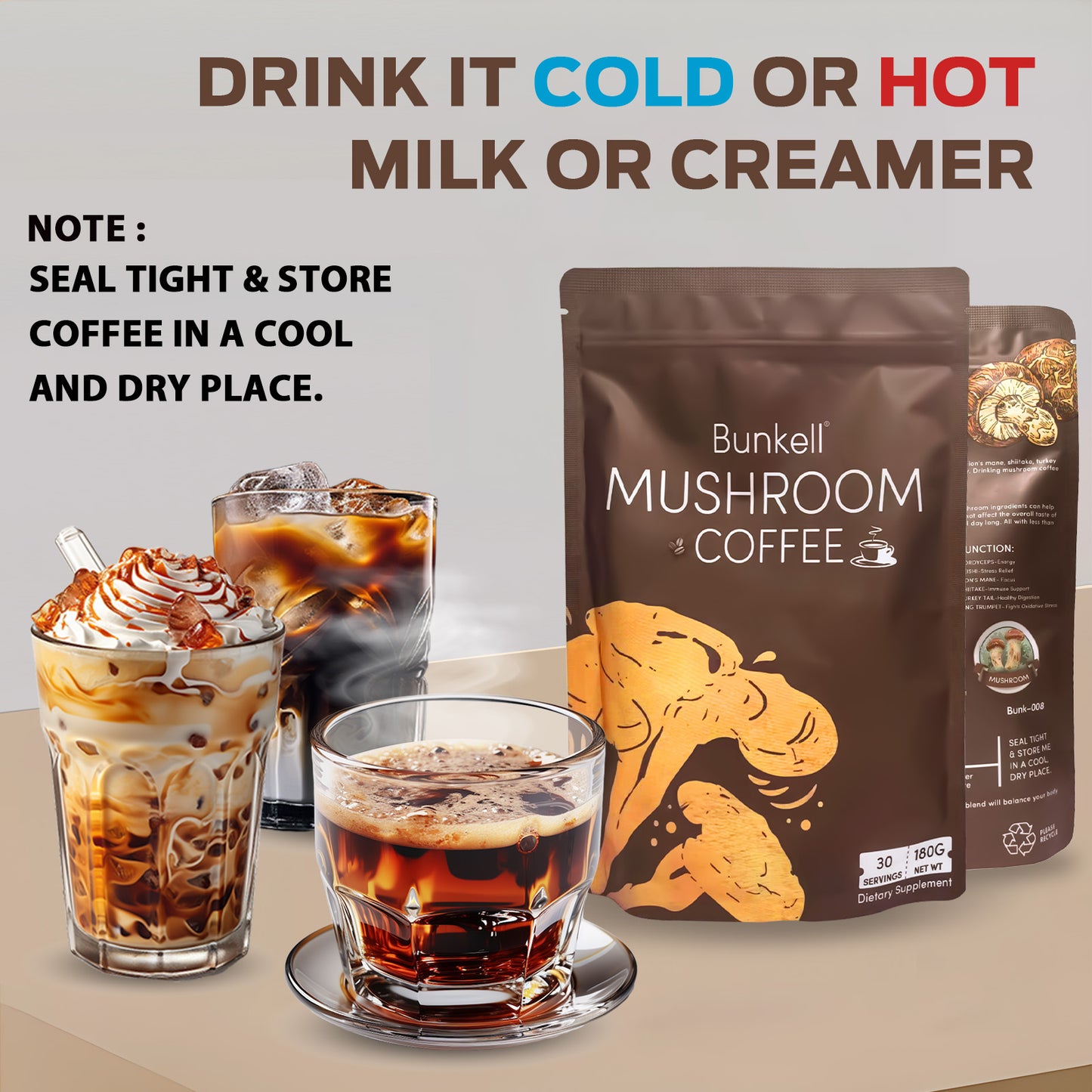 Bunkell 6 Mushroom Coffee Blend – Lion’s Mane & Reishi | 30 Servings
