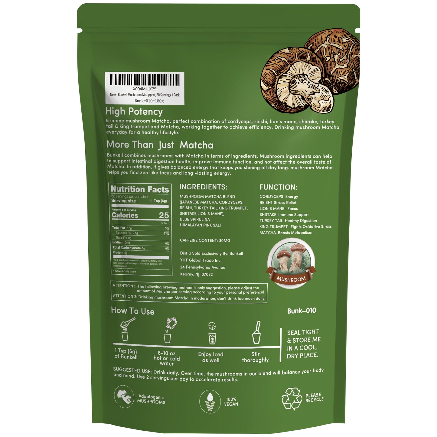 Bunkell Japanese Matcha Mushroom Blend | 30 Servings