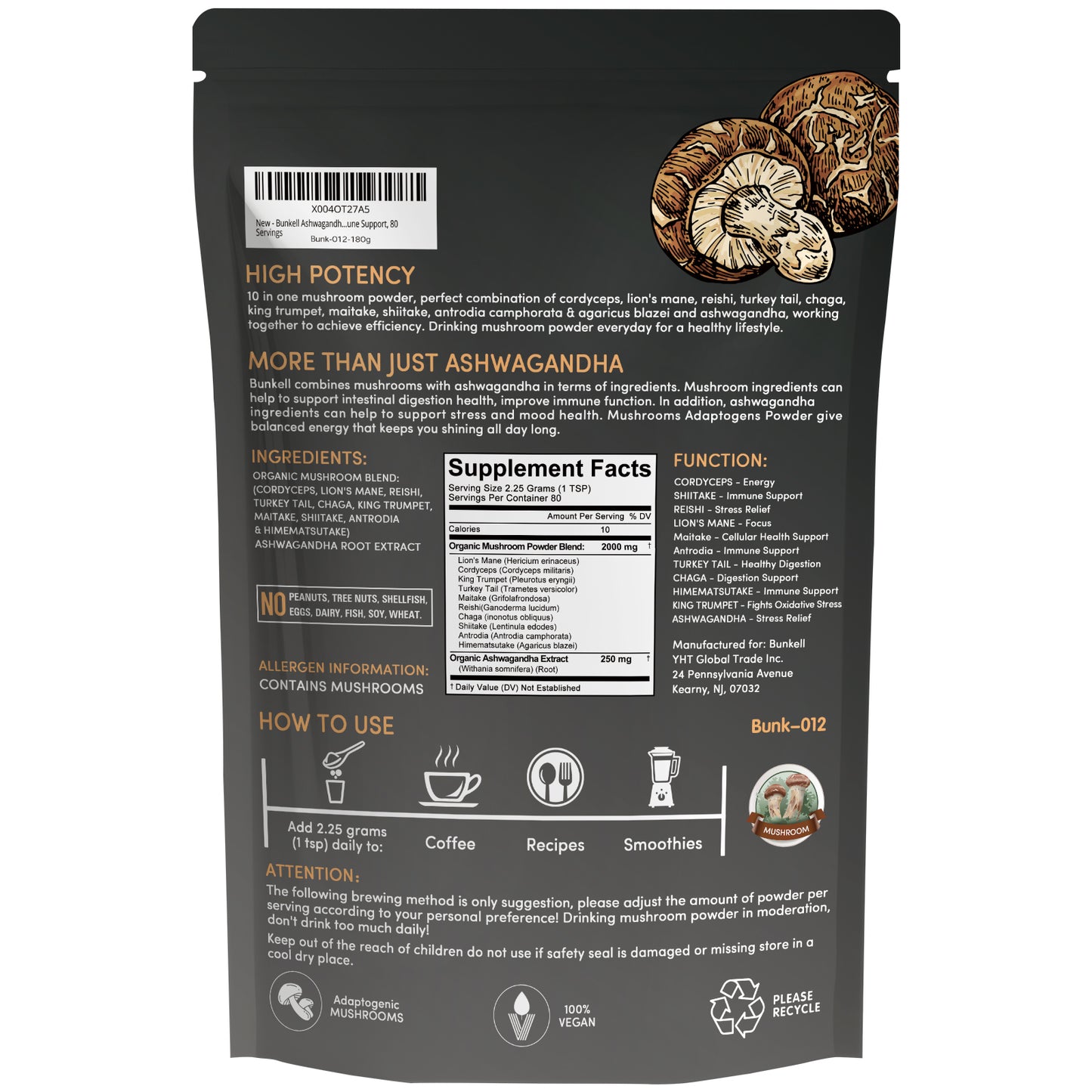 Bunkell Ashwagandha Mushroom Blend | 80 Servings
