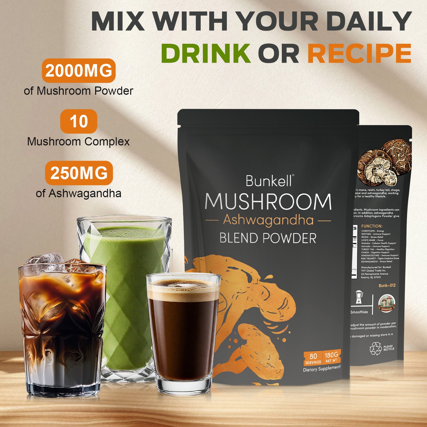 Bunkell Ashwagandha Mushroom Blend | 80 Servings