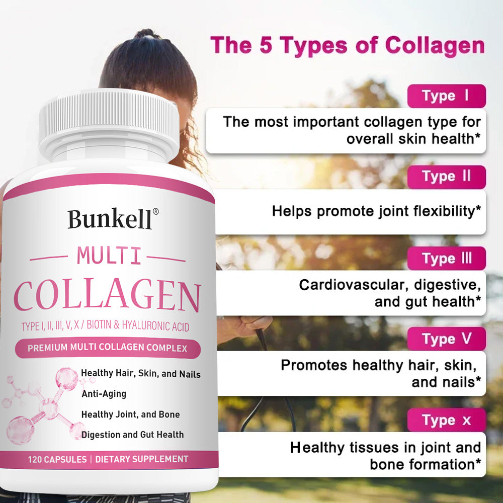 Bunkell® Multi Collagen – Types I, II, III, V, X with Biotin & Hyaluronic Acid | 30/60/120 Capsules