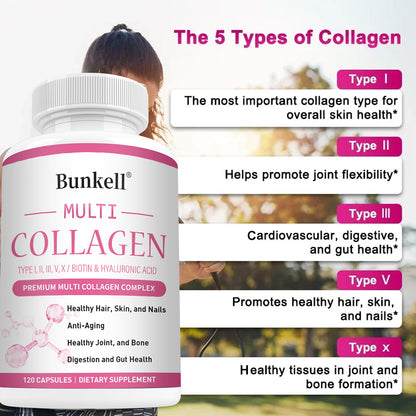 Bunkell® Multi Collagen – Types I, II, III, V, X with Biotin & Hyaluronic Acid | 30/60/120 Capsules
