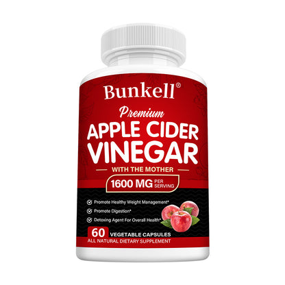 Bunkell® Premium Apple Cider Vinegar with the Mother 1600 mg – Digestive & Wellness Support | 30/60/120 Capsules