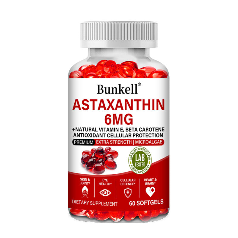 Bunkell® Astaxanthin 6mg – Natural Astaxanthin with Vitamin E & Beta Carotene for Antioxidant Support | 30 / 60 / 120 Softgels