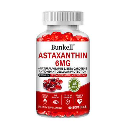 Bunkell® Astaxanthin 6mg – Natural Astaxanthin with Vitamin E & Beta Carotene for Antioxidant Support | 30 / 60 / 120 Softgels