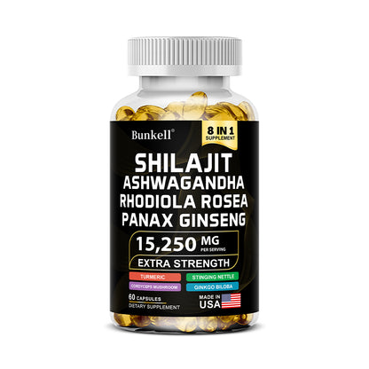 Bunkell® Shilajit Ashwagandha Complex – 15,250mg 8-in-1 Herbal Blend with Rhodiola, Panax Ginseng & Ginkgo Biloba | 30 / 60 / 120 Capsules