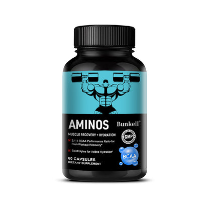 Bunkell® Amino BCAA – 2:1:1 BCAA Amino Acids with Electrolytes for Muscle Recovery & Hydration | 30 / 60 / 120 Capsules