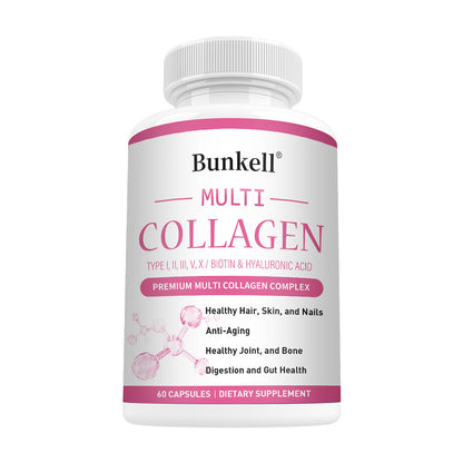 Bunkell® Multi Collagen – Types I, II, III, V, X with Biotin & Hyaluronic Acid | 30/60/120 Capsules