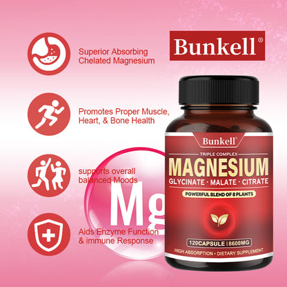 Bunkell® Magnesium Glycinate Malate Citrate – Triple Complex Dietary Supplement | 30/60/120 Capsules