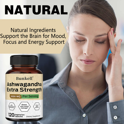 Bunkell® Ashwagandha Extra Strength 3000 mg – Stress & Mood Support | 30/60/120 Capsules