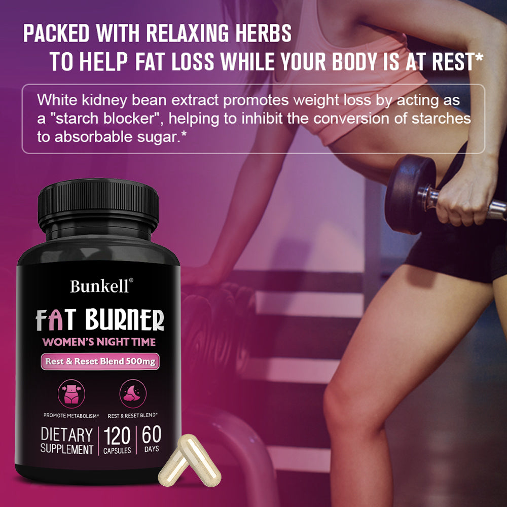 Bunkell® Fat Burner Women’s Night Time – Rest & Reset Blend 500mg for Metabolism & Nighttime Wellness | 30 / 60 / 120 Capsules