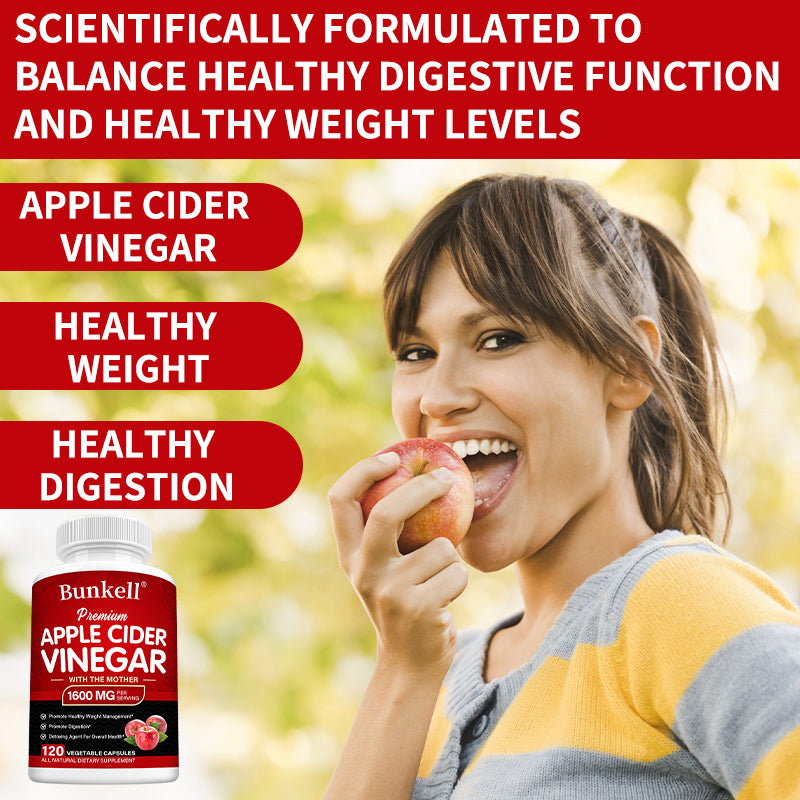 Bunkell® Premium Apple Cider Vinegar with the Mother 1600 mg – Digestive & Wellness Support | 30/60/120 Capsules