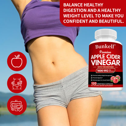 Bunkell® Premium Apple Cider Vinegar with the Mother 1600 mg – Digestive & Wellness Support | 30/60/120 Capsules