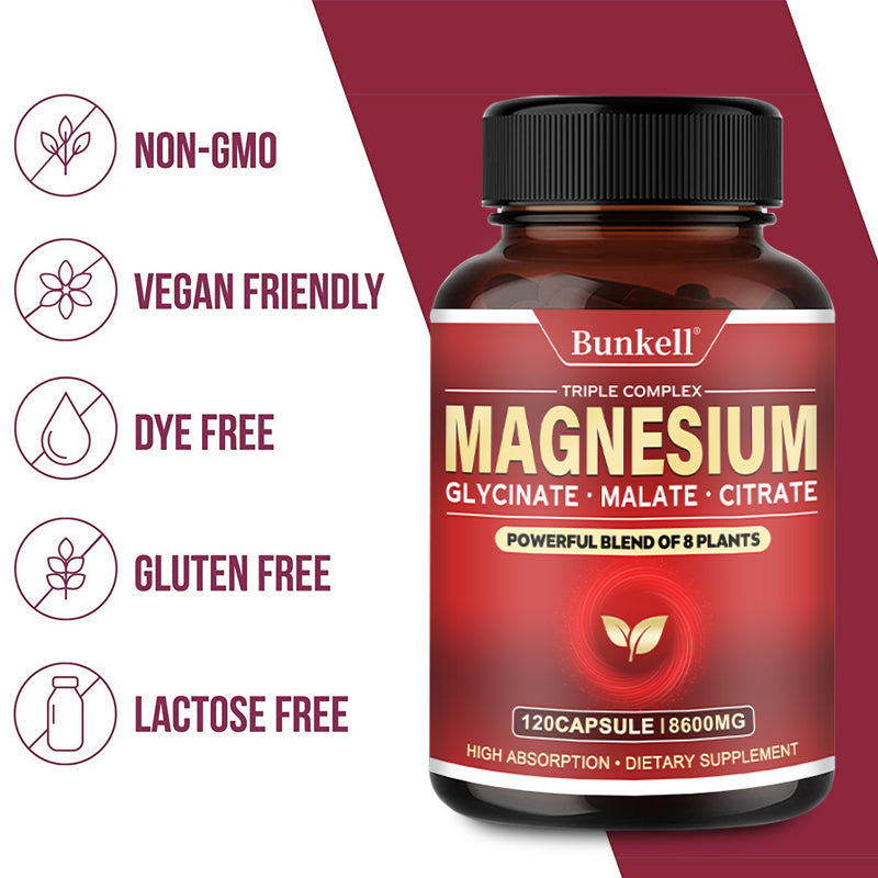 Bunkell® Magnesium Glycinate Malate Citrate – Triple Complex Dietary Supplement | 30/60/120 Capsules